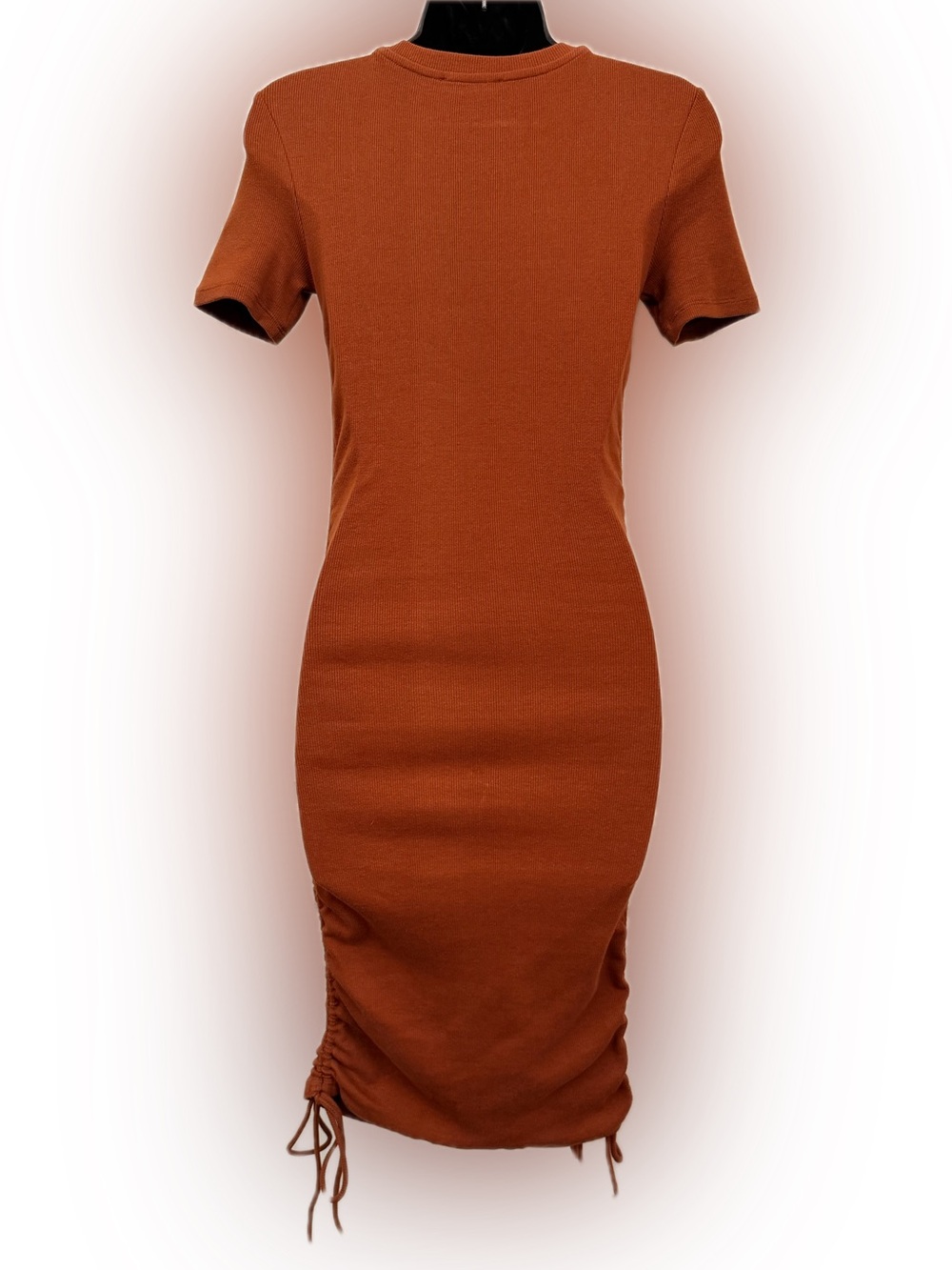 Zara Rust Ruched Rib Knit Bodycon Midi Dress Small Side Drawstring - Picture 7 of 11